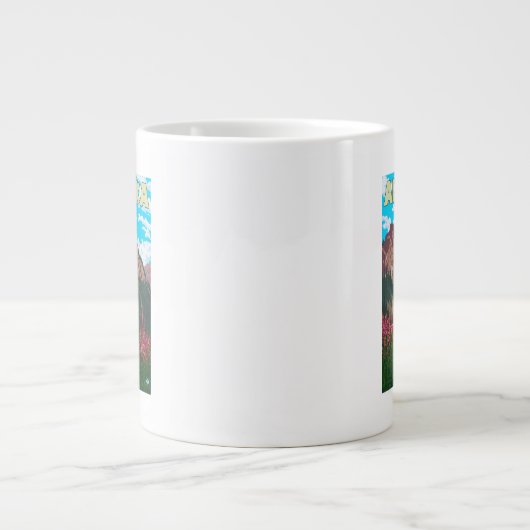 山のビンテージの旅行ポスターを持つハエ ジャンボコーヒーマグカップ (正面)