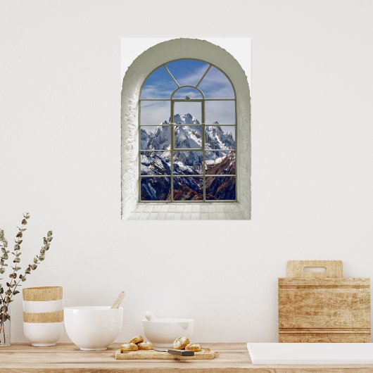 山のピークビューカーブフェイクウィンドウ ポスター (キッチン)