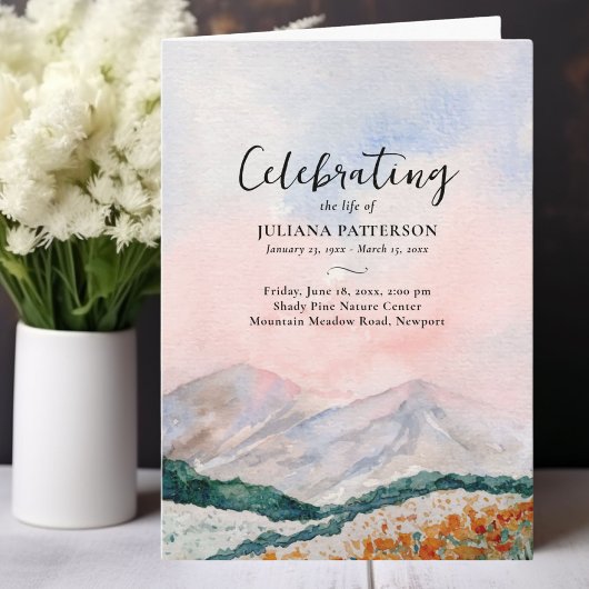 山のフローラフィールドお祝いの人生の葬儀 プログラム