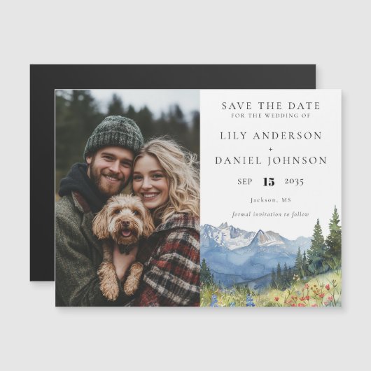 山のフローラ写真の結婚式の日付を保存 マグネット招待状 (正面/裏面)