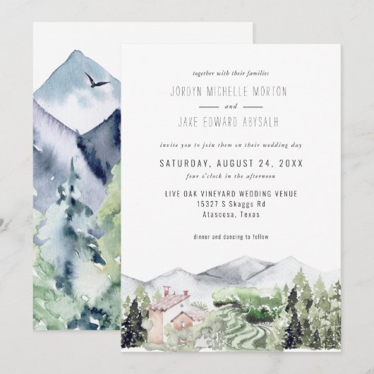 山のブドウ園の風景が描かれた結婚式の招待状 | Rustic Mountain Vineyard (正面/裏面)