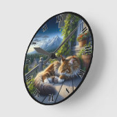 山のポーチにカスタマイズ可能な静かな猫 ラウンド壁時計 (傾斜)