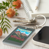 山のヴィンテージ旅行ポスターを持つFireweed キーホルダー (正面右)