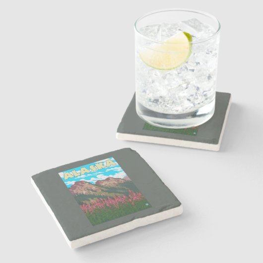 山のヴィンテージ旅行ポスターを持つFireweed ストーンコースター (横)