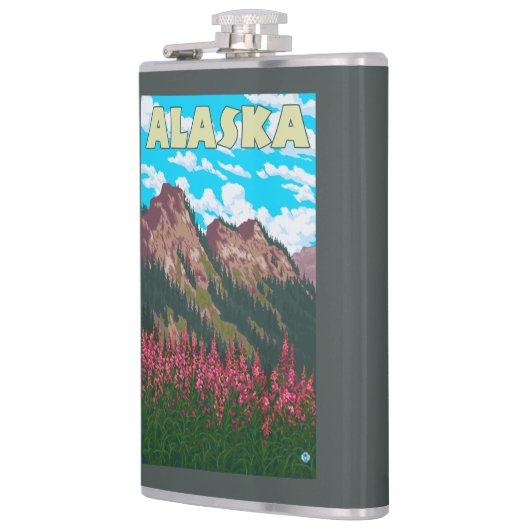 山のヴィンテージ旅行ポスターを持つFireweed フラスク (左)