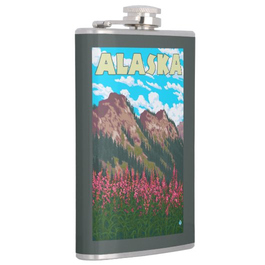 山のヴィンテージ旅行ポスターを持つFireweed フラスク (右)