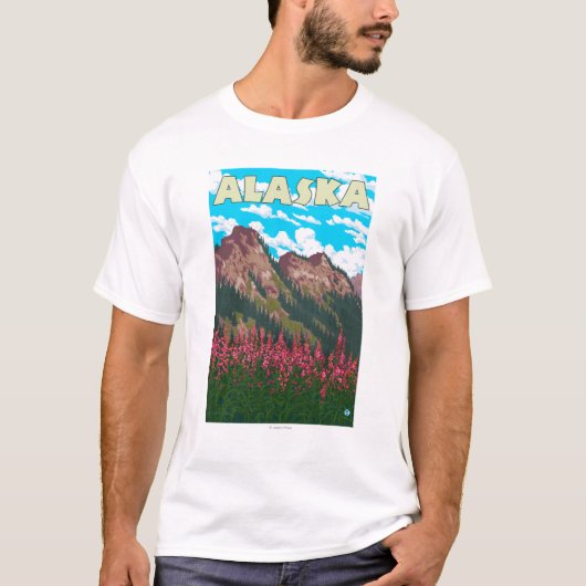 山のヴィンテージ旅行ポスターを持つFireweed Tシャツ (正面)