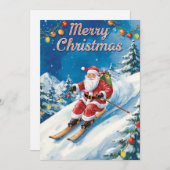 山の上でサンタクロースとスキーのクリスマス シーズンカード (正面/裏面)