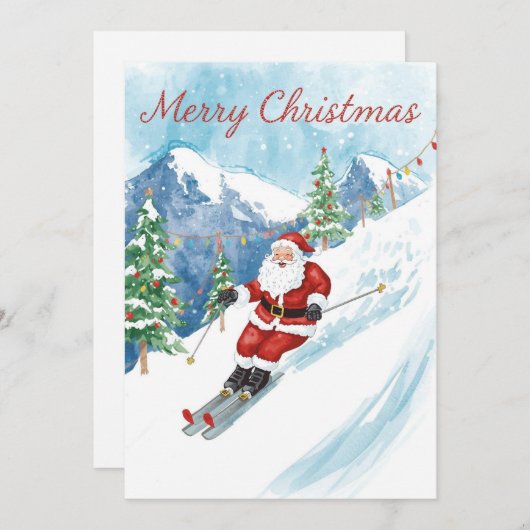 山の上でサンタクロースとスキーのクリスマス シーズンカード (正面/裏面)