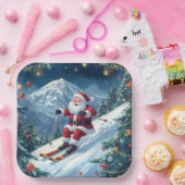 山の上でサンタクロースとスキーのクリスマス ペーパープレート (パーティー)