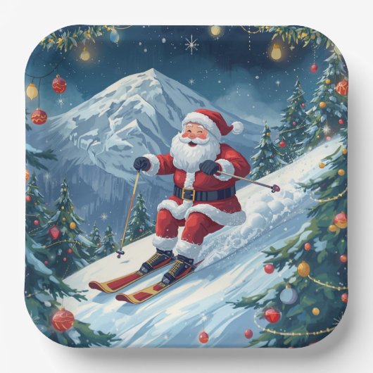 山の上でサンタクロースとスキーのクリスマス ペーパープレート (正面)