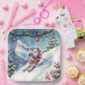山の上でサンタクロースとスキーのクリスマス ペーパープレート (パーティー)
