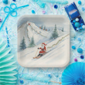 山の上でサンタクロースとスキーのクリスマス ペーパープレート (パーティー)