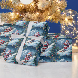 山の上でサンタクロースとスキーのクリスマス ラッピングペーパー