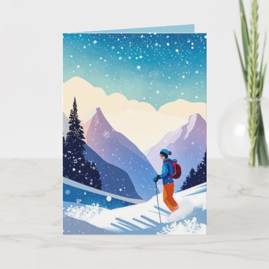 山の上のクリスマススキーヤー シーズンカード (正面)