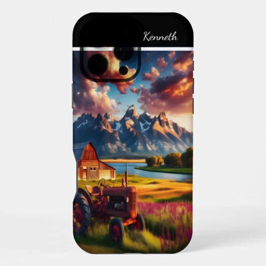 山の上のトラクターの夕焼け iPhoneケース (裏面)