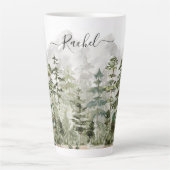 山の上のモノグラム水彩緑の松の森 カフェラテマグ (正面)