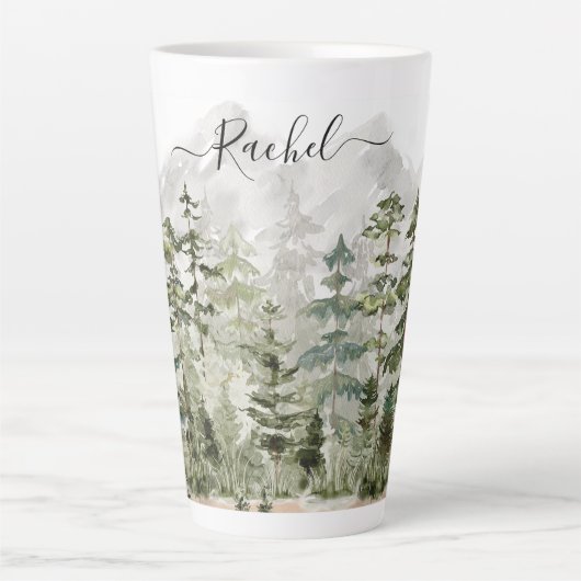 山の上のモノグラム水彩緑の松の森 カフェラテマグ (正面)