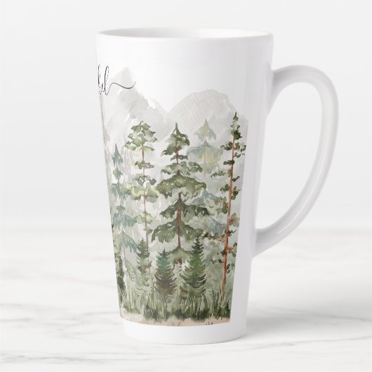 山の上のモノグラム水彩緑の松の森 カフェラテマグ (右)
