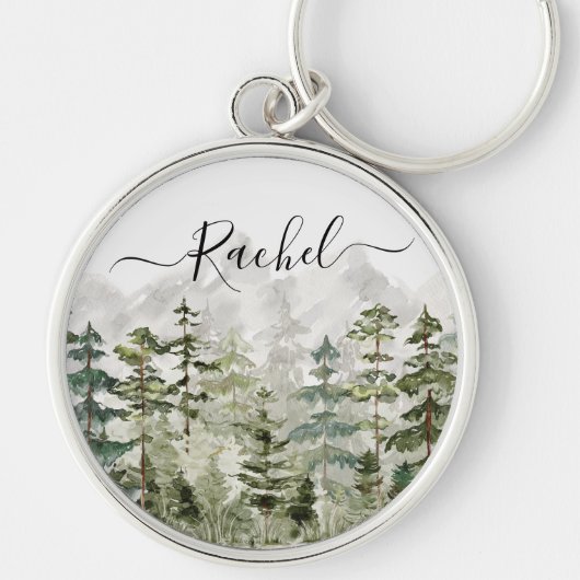 山の上のモノグラム水彩緑の松の森 キーホルダー (正面)