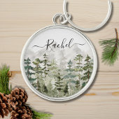 山の上のモノグラム水彩緑の松の森 キーホルダー