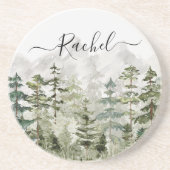 山の上のモノグラム水彩緑の松の森 コースター (正面)