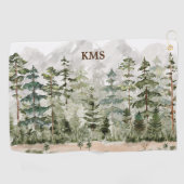 山の上のモノグラム水彩緑の松の森 ゴルフタオル (横)