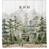 山の上のモノグラム水彩緑の松の森 シャワーカーテン (正面)