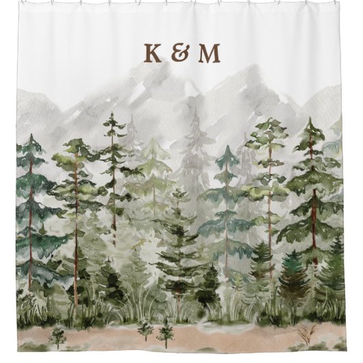 山の上のモノグラム水彩緑の松の森 シャワーカーテン (正面)
