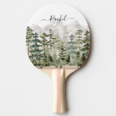 山の上のモノグラム水彩緑の松の森 卓球ラケット (正面)
