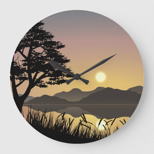 山の上の夕日 ラージ壁時計 (正面)