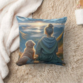 山の上の女の子とゴールデンレトリバー クッション (ブランケット)