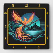 山の上の炎のフェニックス静か スクエア壁時計 (正面)