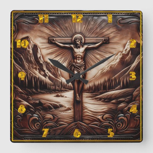 山の中で十字架に威厳のあるなる スクエア壁時計 (正面)