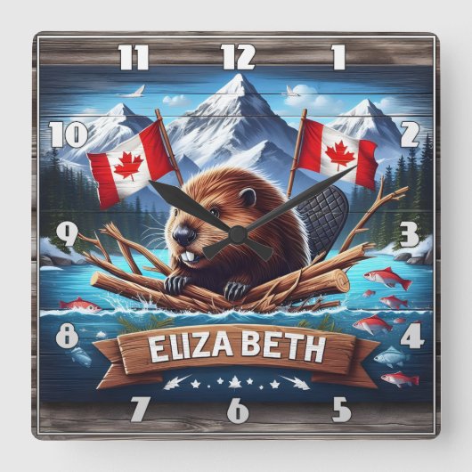 山の中に旗を持つカナディアン・ビーバー スクエア壁時計 (正面)