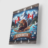 山の中に旗を持つカナディアン・ビーバー スクエア壁時計 (傾斜)