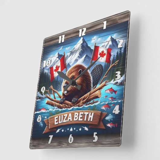 山の中に旗を持つカナディアン・ビーバー スクエア壁時計 (傾斜)