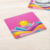 山の中のかわいい太陽ピンクスクウェアのコースターセット スクエアペーパーコースター (アングル)
