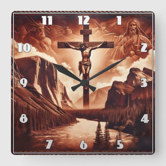 山の中のイエスの威厳のある十字架 スクエア壁時計 (正面)