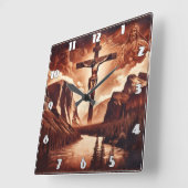 山の中のイエスの威厳のある十字架 スクエア壁時計 (傾斜)