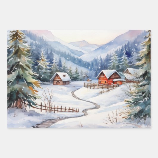 山の中のファッションドクリスマスの古い農場 ラッピングペーパーシート (正面)