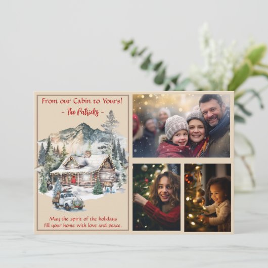 山の中のログキャビンChristmas 3写真 シーズンカード (スタンド正面)