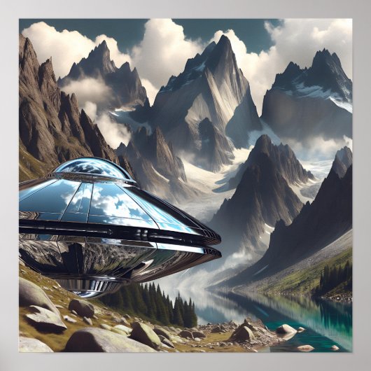 山の中の光沢のある金属UFO ポスター (正面)