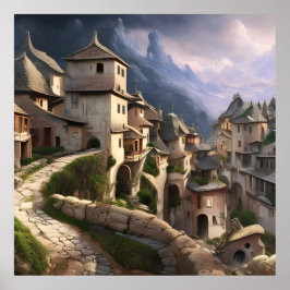 山の中の古い村の石道の美しい ポスター