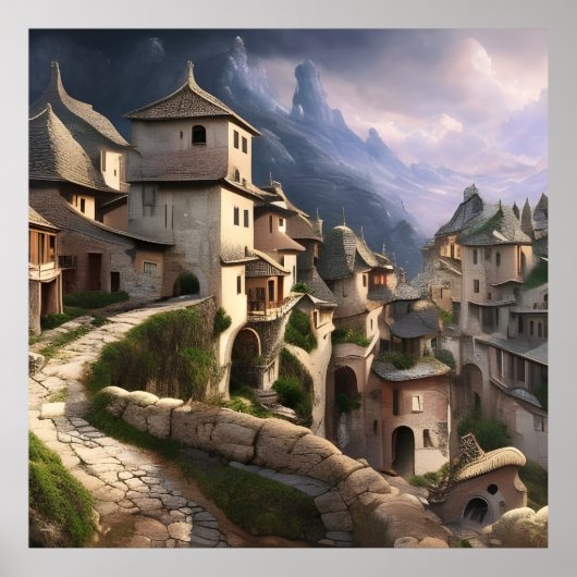 山の中の古い村の石道の美しい ポスター (正面)