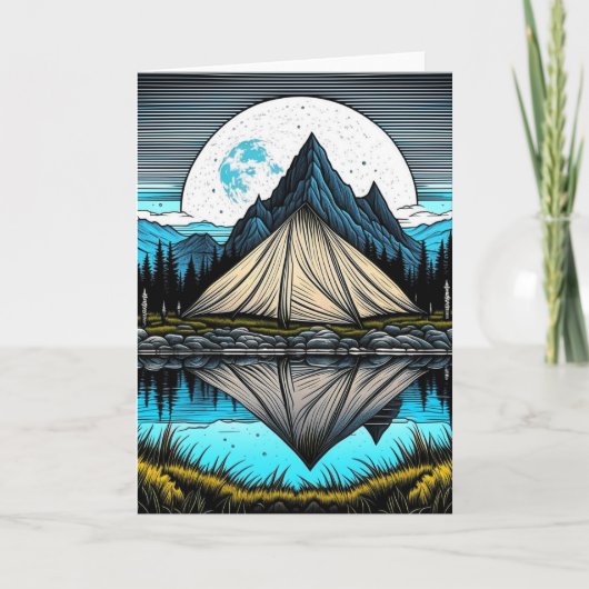 山の中の湖にテントの反射 カード (正面)