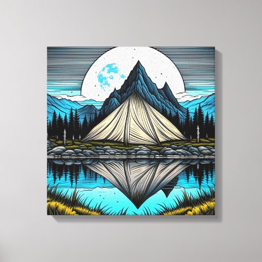 山の中の湖にテントの反射 キャンバスプリント (正面)