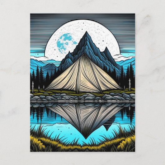 山の中の湖にテントの反射 ポストカード (正面)