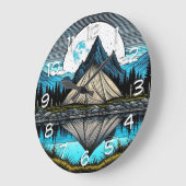 山の中の湖にテントの反射 ラージ壁時計 (傾斜)