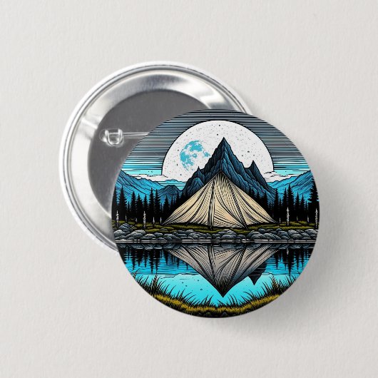 山の中の湖にテントの反射 缶バッジ (正面&裏面)